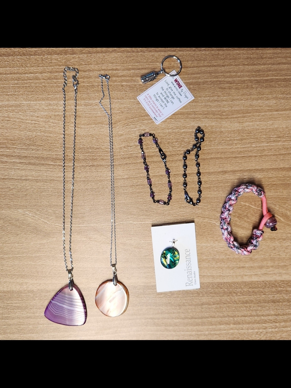 Assorted Pendant Necklaces and Beaded Bracelet Set - Purple, Pink, Black, Silver